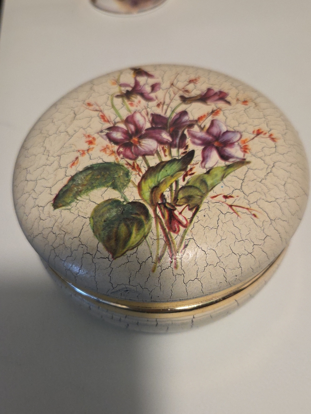 Floral Wooden And Enamel Trinket Box With Purple Flowers - Filled With Jewelry